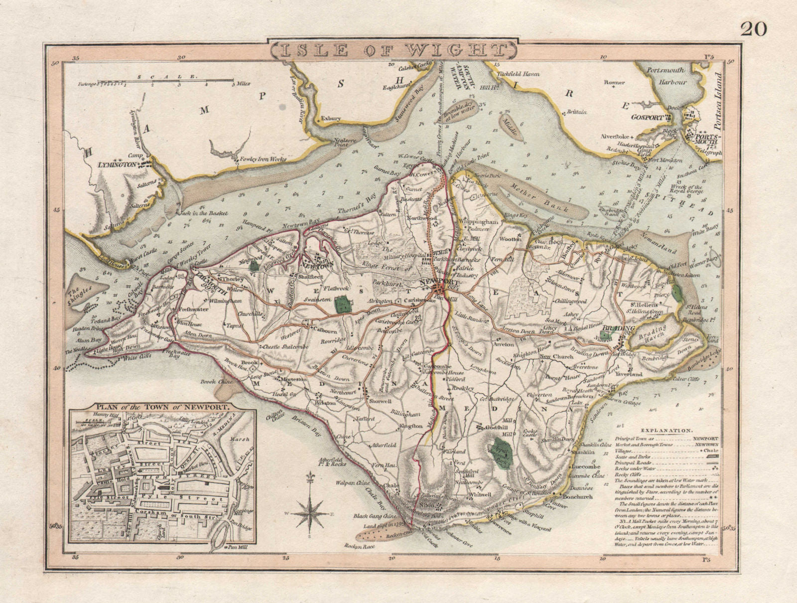 Antique map of the ISLE OF WIGHT. Inset Newport town plan. COLE & ROPER  c1805